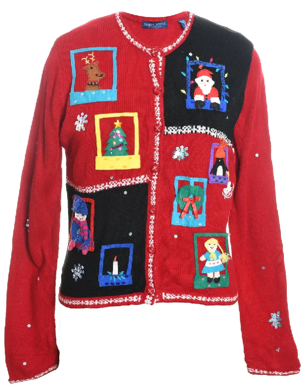 Festive Design Red Christmas Cardigan - M