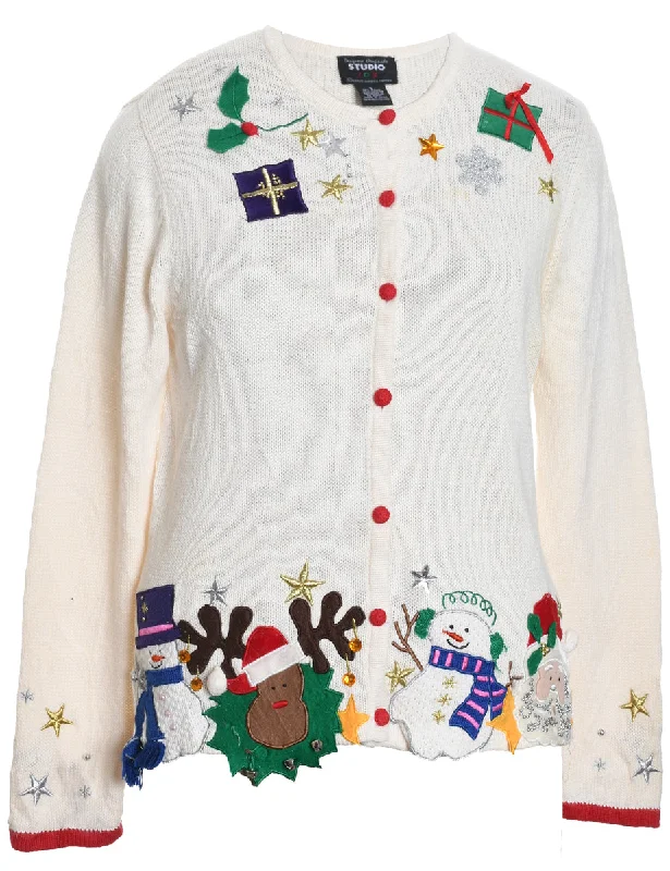 Festive Print Christmas Cardigan - S