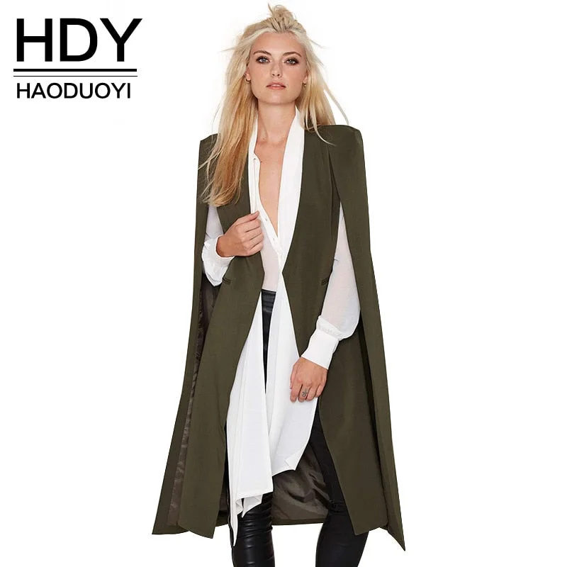 HDY Haoduoyi 2018 Women Casual Open Front Windbreaker Cloak Split Lightweight Trench Coat Longline Cape Party Fasion Blazer