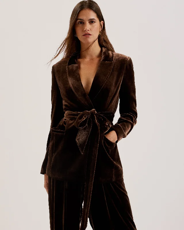 Momiji Single Breasted Silk Velvet Belted Blazer Brown