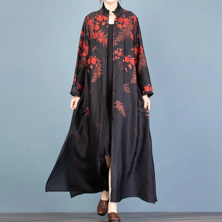 Organic Black Print Long Coats Pattern Stand Collar Side Open Cardigan