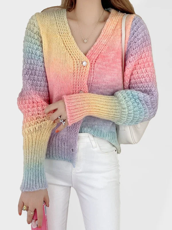 Rainbow Gradient Color Sweater Loose Lazy Long-sleeved V-neck Knit Cardigan