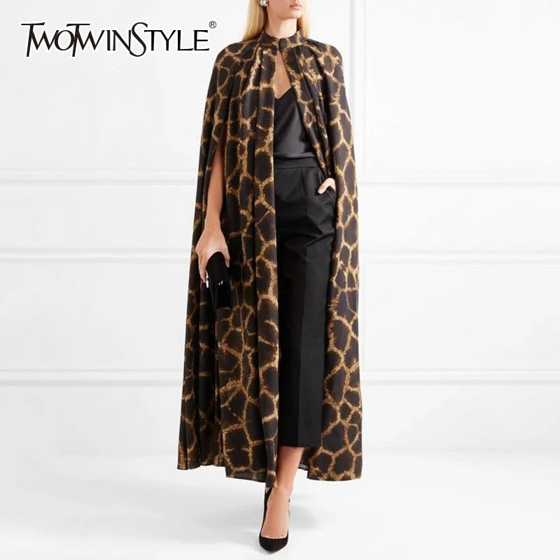 TWOTWINSTYLE Female Cardigan Coat O Neck Cloak Sleeve Print Leopard Maxi Cloaks For Women 2019 Autumn Vintage Fashion Tide