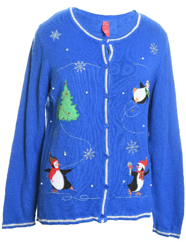 Penquin Design Blue Knit Christmas Cardigan - L