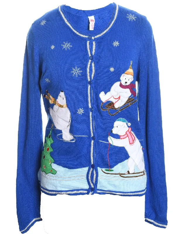 Polar Bear Design Blue Knit Christmas Cardigan - M