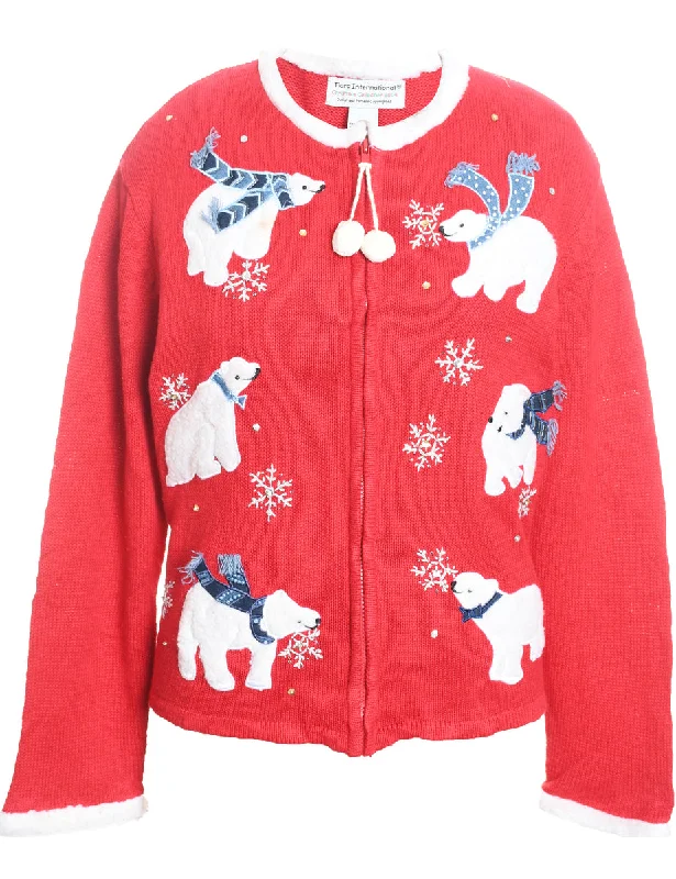 Polar Bear Design Red & White Appliqued Christmas Cardigan - L