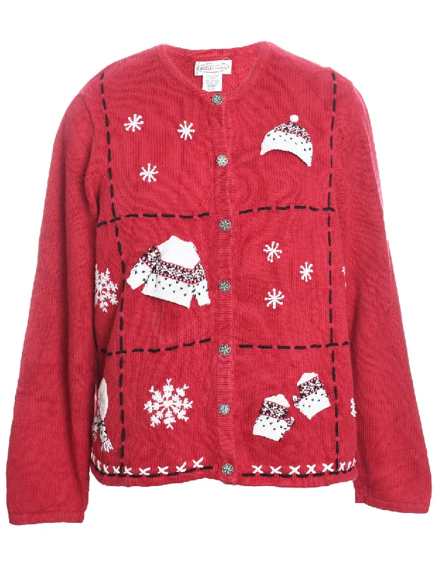 Red Embroidered Christmas Cardigan - L