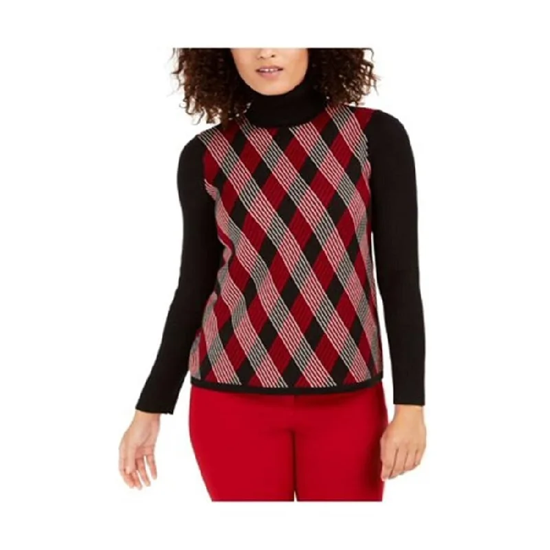 Anne Klein Women's Argyle Long Sleeve Turtle Neck T-Shirt Sweater Black