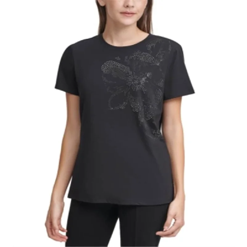 Calvin Klein Women's Floral Embellished T-Shirt Black Size Small