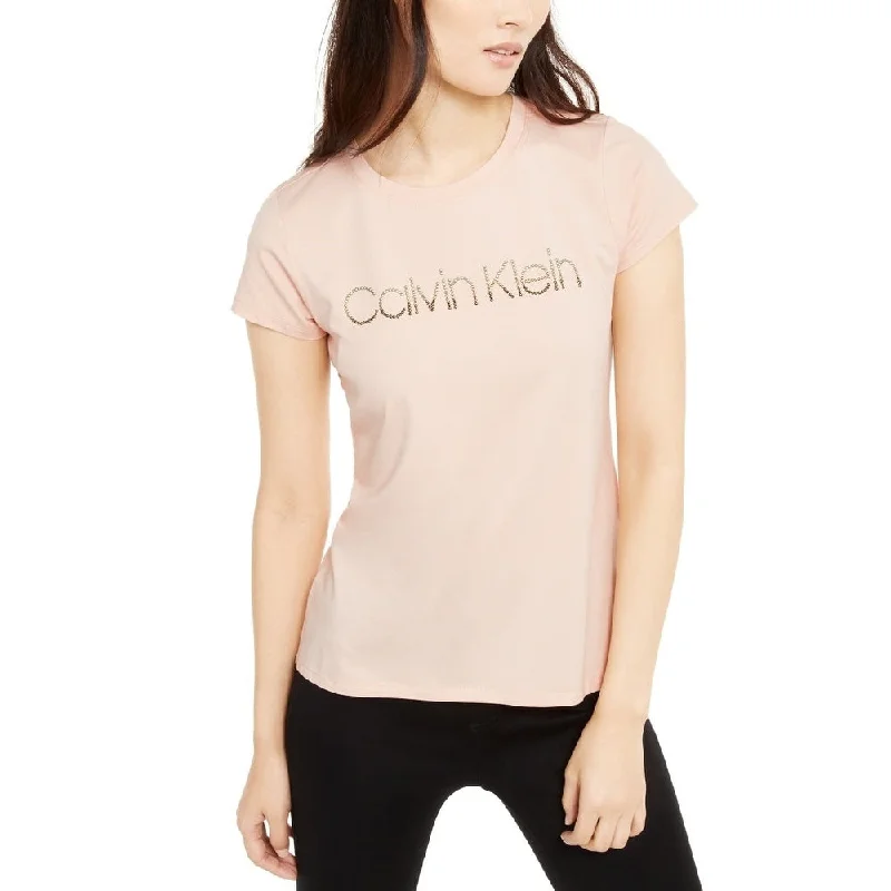 Calvin Klein Women's Studded-Logo T-Shirt Pink Size Extra Small