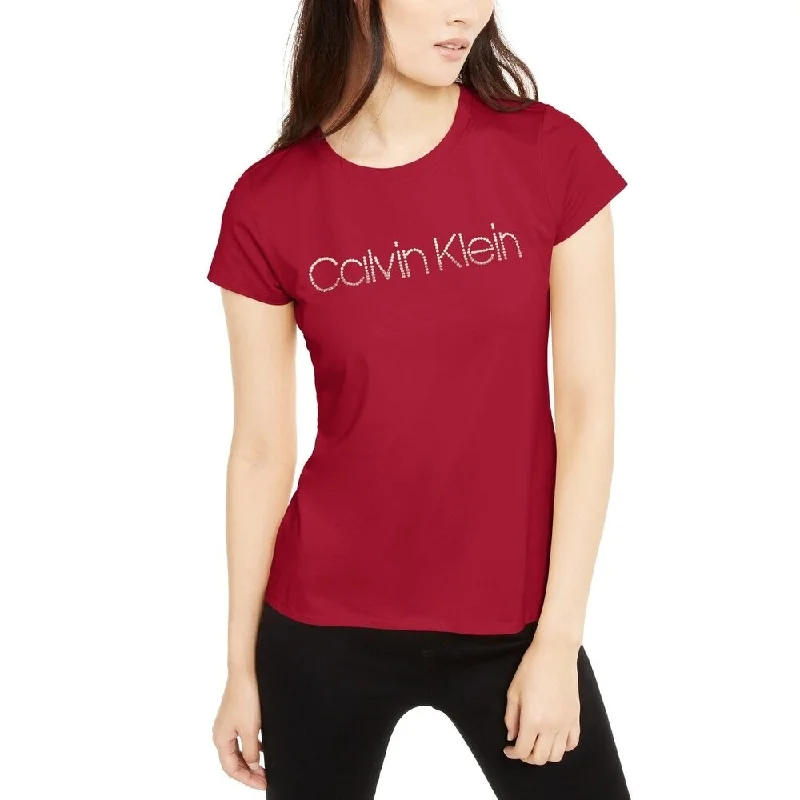 Calvin Klein Women's Studded Logo T-Shirt Red Size Small