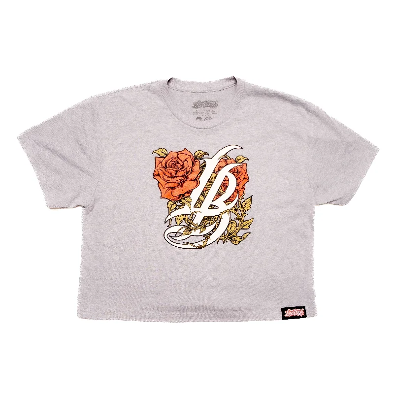 Cursive LB with Roses Women's Heather Grey Crop T-Shirt