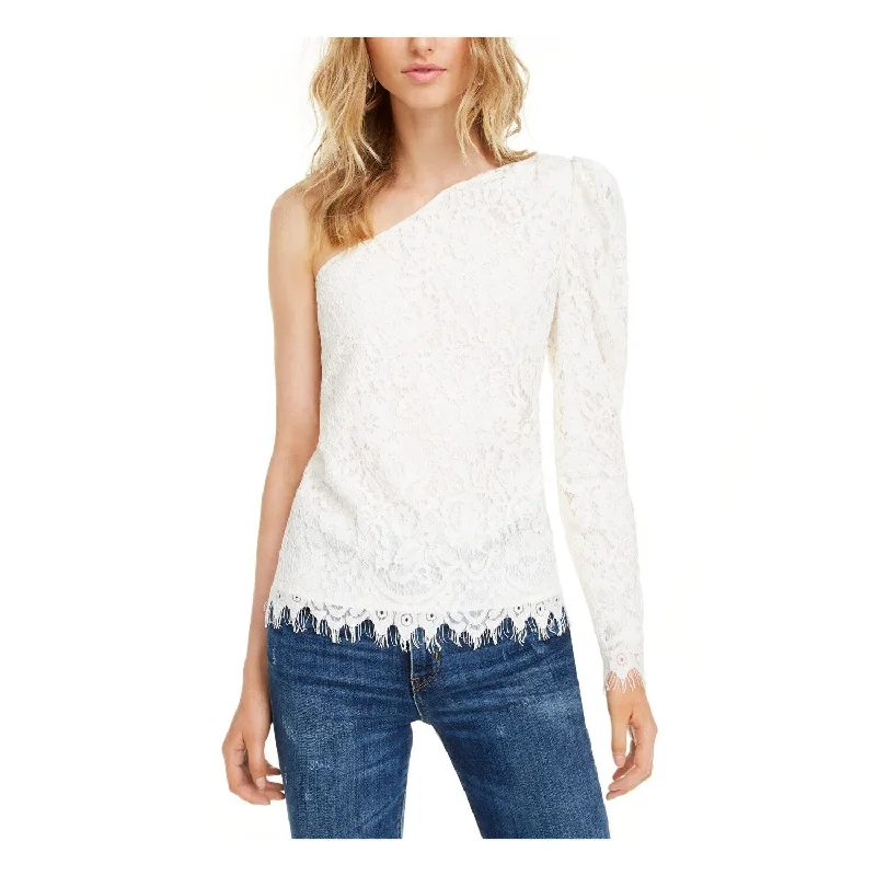 Leyden Women's Fringed Embroidered Long Sleeve Asymmetrical Neckline T-Shirt Party Top White Size Large