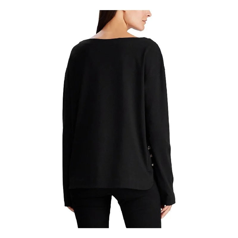 Ralph Lauren Women's Button Hem Long Sleeve Jewel Neck T-Shirt Top Black Size Small