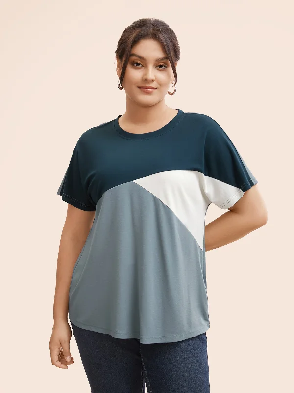 Round Neck Colorblock Contrast Patchwork T-shirt