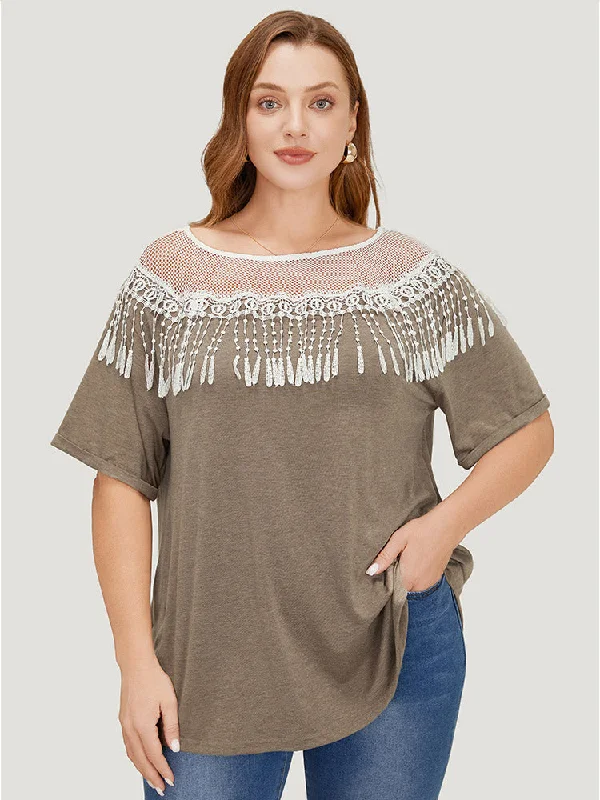 Solid Roll Sleeve Lace Fringe Trim T-shirt