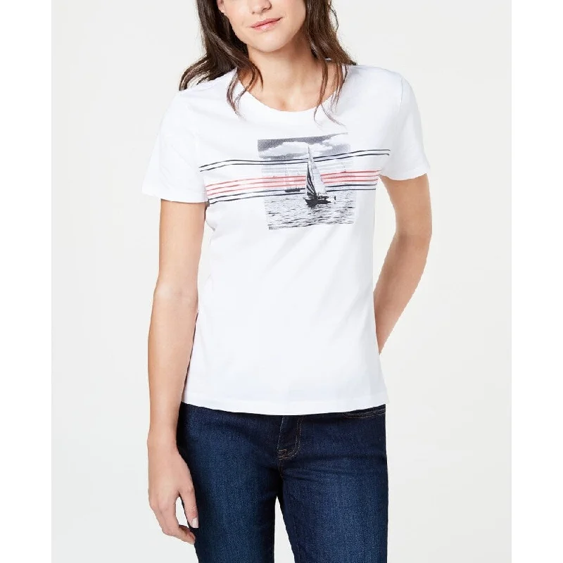 Tommy Hilfiger Women's Striped Sailboat Cotton T-Shirt White Size X-Large