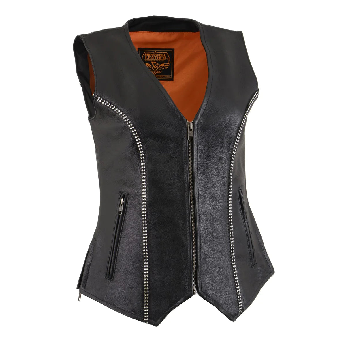 Women's Black Leather V-Neck Zipper Vest with Rhinestone Bling Detail