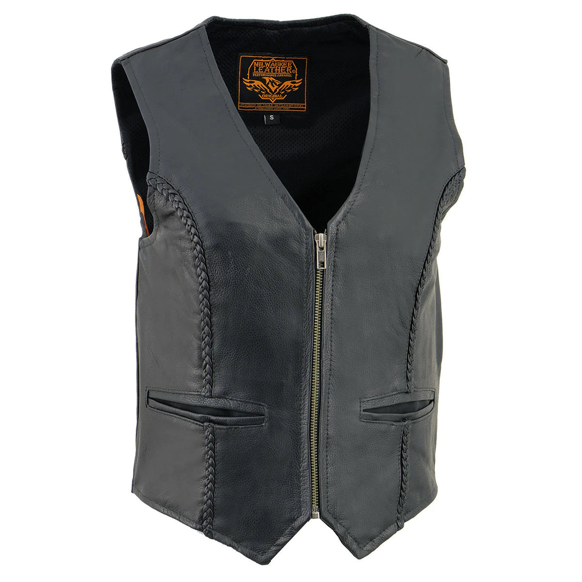 Women's Classic Black Leather Zipper Front Vest