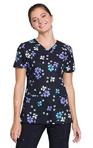 Cherokee CK634 Women's V-Neck Print Top -Bold Blossoms