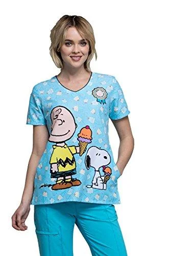 Cherokee Tooniforms TF618 Women's V-Neck Charlie Brown Print Scrub Top