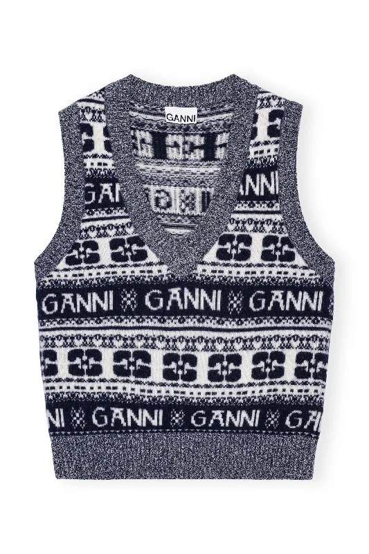 GANNI K2092 BLUE LOGO WOOL MIX VEST