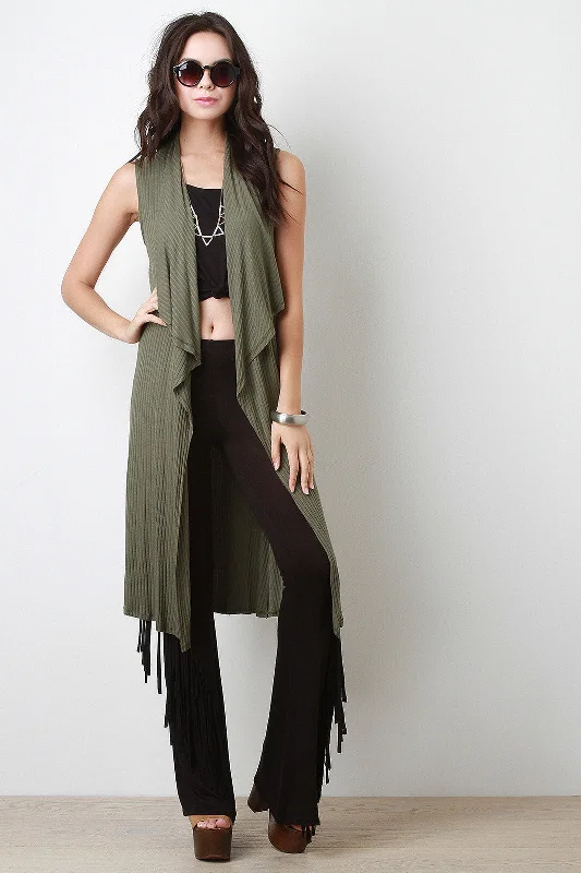 Ribbed Drape Open Front Longline Vest