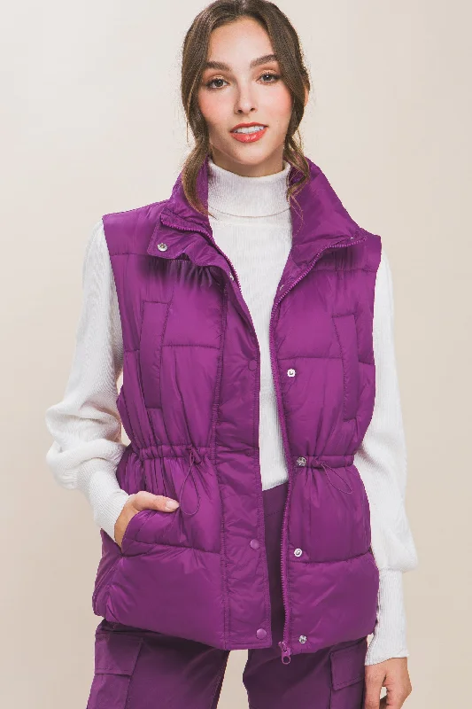 Zip Up Button Puffer Vest With Waist Toggles