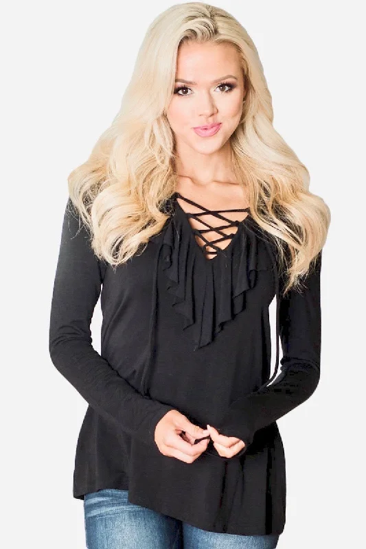 Black or Pink Crisscross V-Neck Ruffle Detail Long Sleeve Top