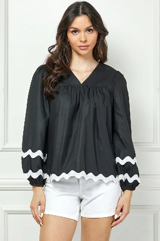 BLACK V-NECK RIC-RAC DETAILED LONG SLEEVES TOP AVT10599W