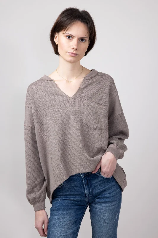 Blu Pepper Notched V-neck Knit Top for Women in Light Mocha | B3FT1034-LIGHTMOCHA