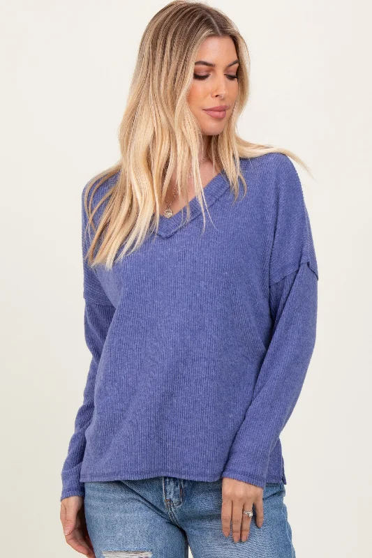 Blue Ribbed V-Neck Long Sleeve Top