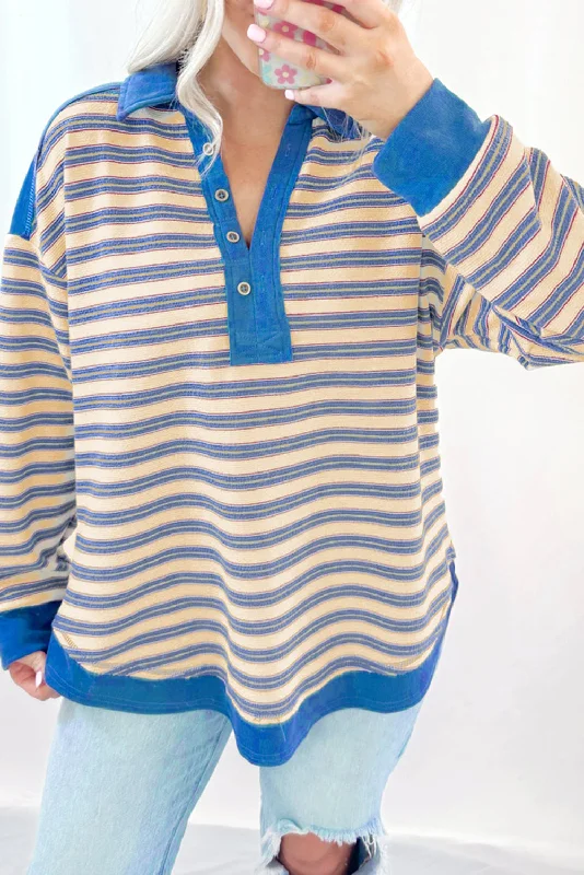 Blue Stripe Collared V Neck Drop Shoulder Top