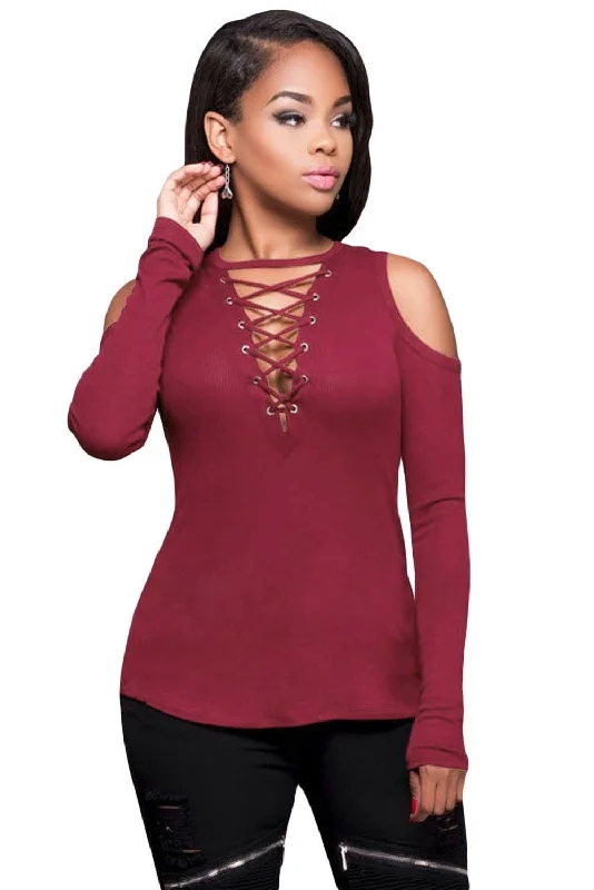 Burgundy Crisscross V-neck Cold Shoulder Long Sleeve Ribbed Top