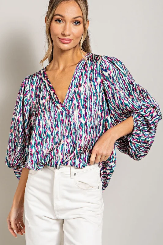 ee:some Teal Retro Print V Neck Bubble Sleeve Blouse