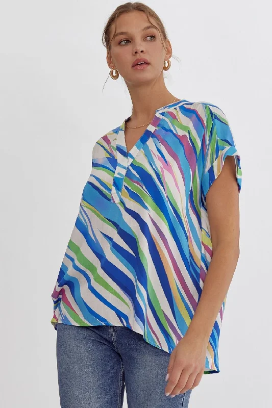 Entro Blue Multi Tiger Print V-Neck Top With Permanent Rolled Cuff