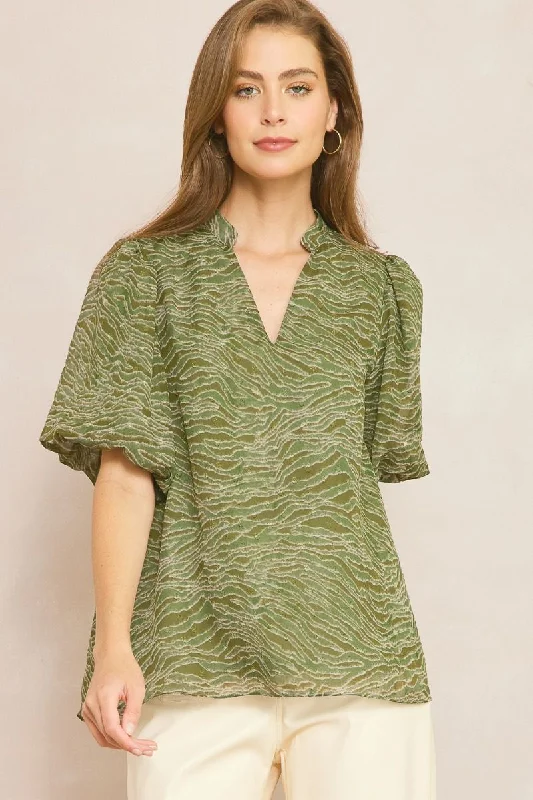 Entro Olive Animal Print Bubble Sleeve V-Neck Top Featuring Swiss Dot Detail