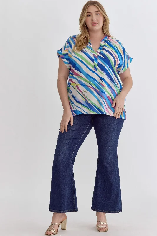 Entro Blue Multi Tiger Print V-Neck Top With Permanent Rolled Cuff Plus