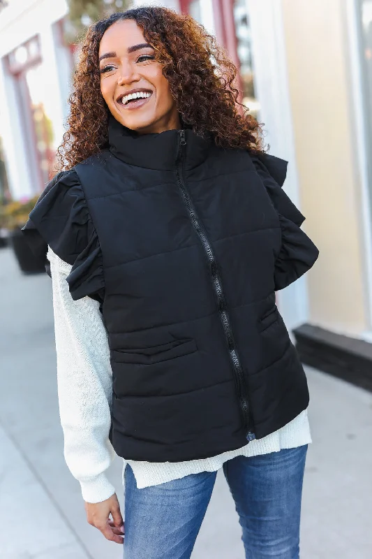 Feeling Festive Black Zipper Up Quilted Ruffle Sleeve Puffer Vest