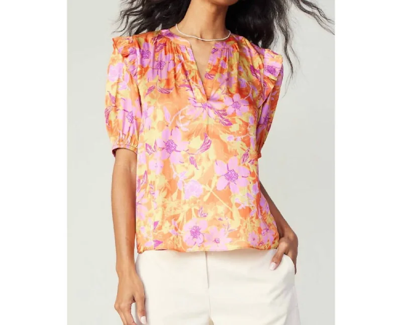 Floral Print V-Neck Blouse In Orange