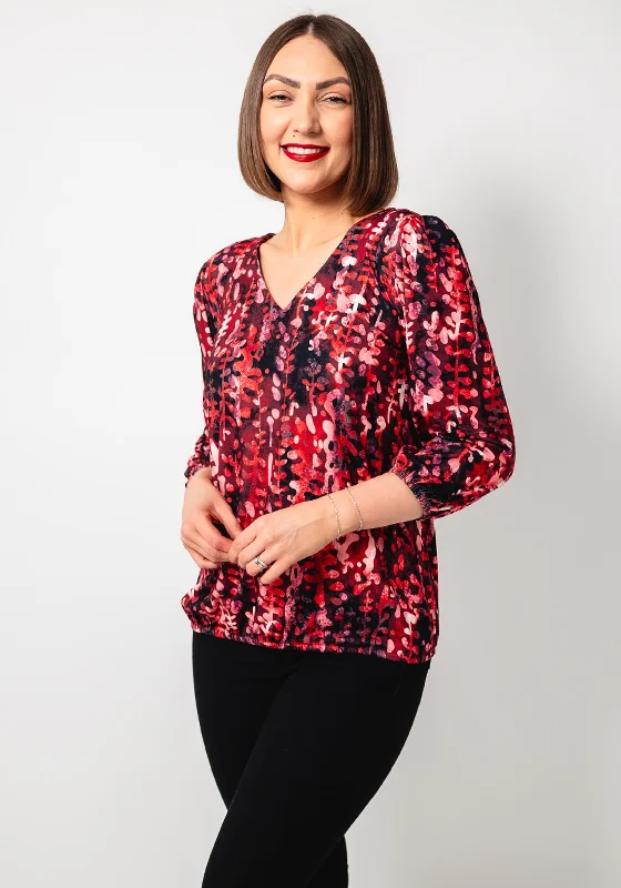 Leon Collection Abstract Print V Neck Top, Red