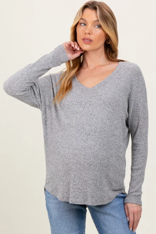 Heather Grey Basic Brushed Rib V-Neck Maternity Top