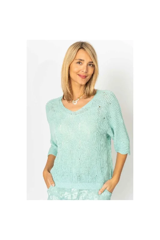 Look Mood Chic Breeze Aqua V Neck Open Weave Sweater