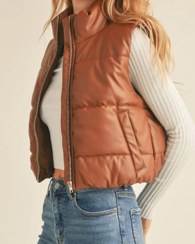 Paige Faux Leather Puffer Vest in Cognac