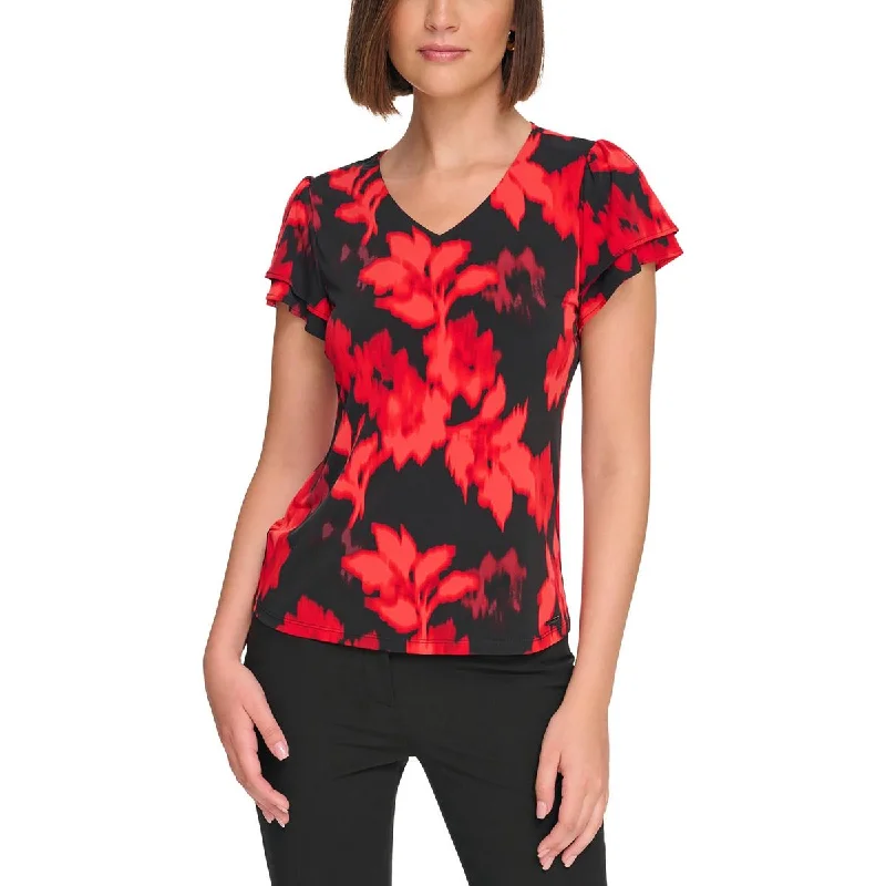 Petites Womens V Neck Printed Blouse