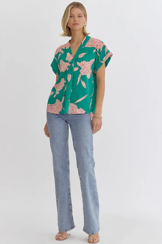 Sophisticated Florals: Entro Green Floral Light Peach Print V-Neck Blouse With Rolled Cuffs