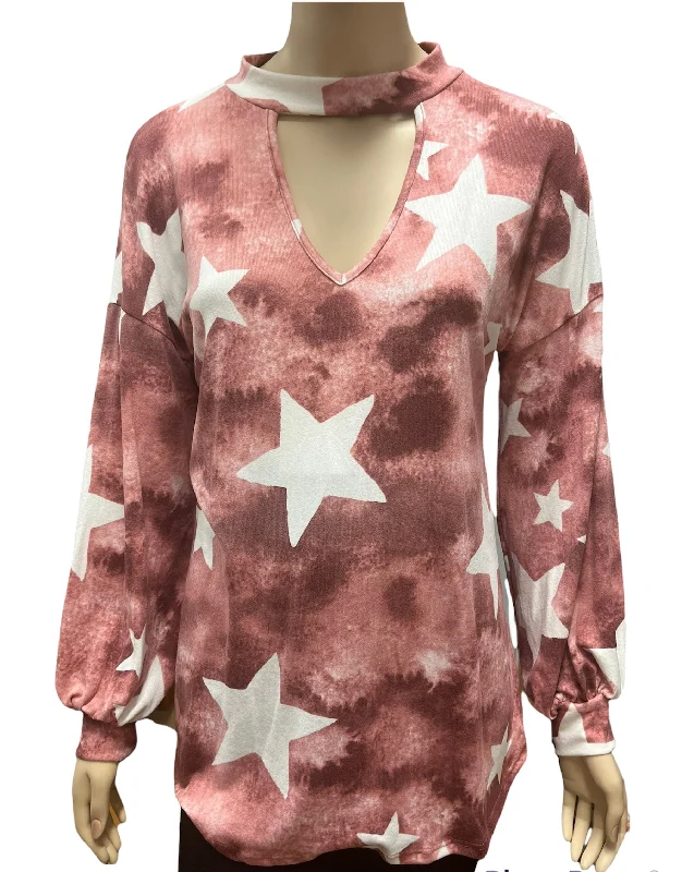 Stars Tie Dye Keyhole V Neck Top