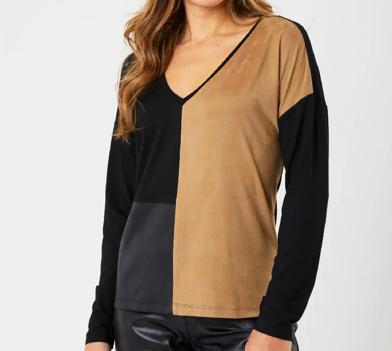 Two Tone V-Neck Top In Black/sand