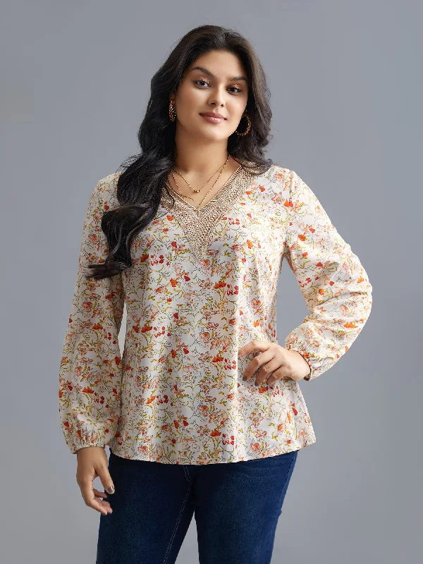 V Neck Ditsy Floral Contrast Webbing Blouse