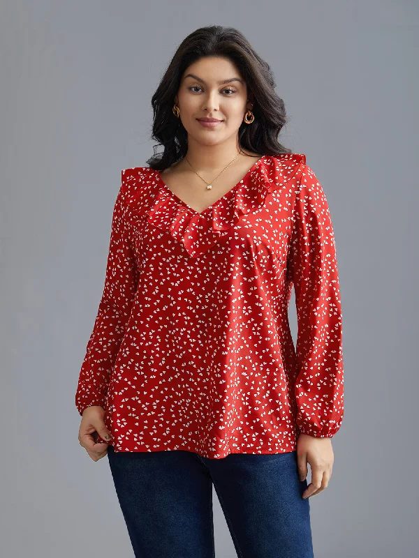 V Neck Ruffle Heart Blouse